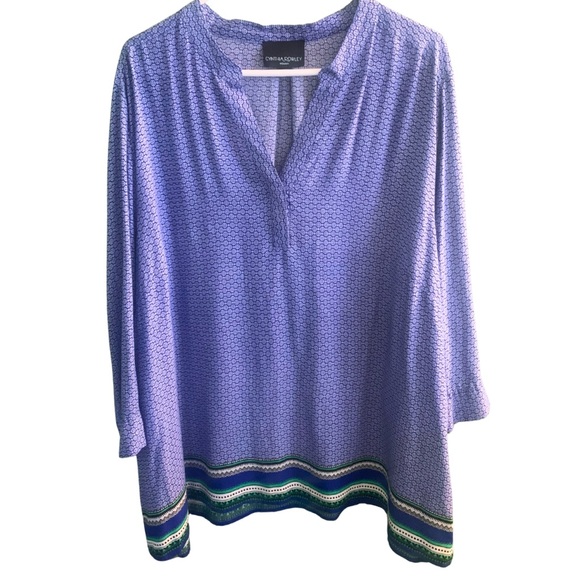 Cynthia Rowley Blue Green Pattern Tunic Top Size 3X Print 3/4 Sleeves Blouse - Picture 1 of 11